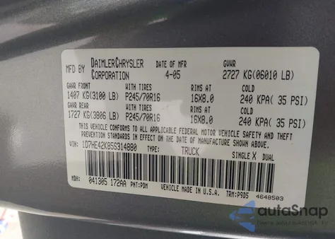 2005 Dodge Dakota Slt z USA, uszkodzony, nr VIN 1D7HE42K85S314880